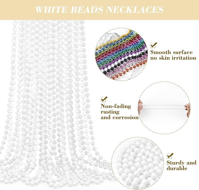 YAXINRUI 120 PCS White Mardi Gras Beads, 33" White Bead Necklaces Party Costume Necklace Round Parade Throw Beads in Bulk for Mardi Gras Christmas Festive Events, Party Favors
