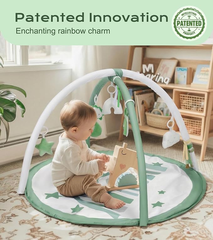 Little Dove Baby Play Gym Mat, Tummy Time Activity Mat with 7 Detachable Toys and 12 Milestone Cards for Stage-Based Sensory and Motor Skill Development, Washable Play Mats for Infant, Green