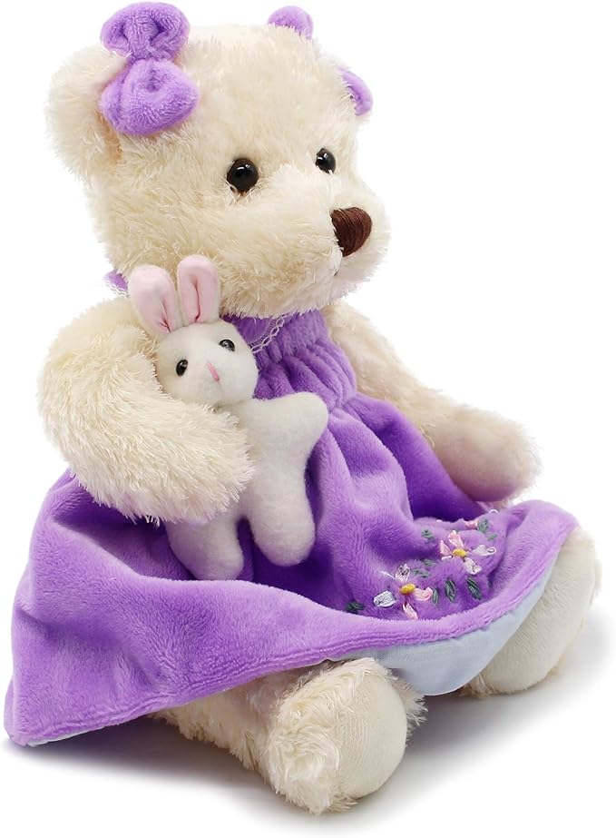 Oitscute Small Baby Teddy Bear with Cloth Cute Stuffed Animal Soft Plush Toy 10" (Purple Dress with Rabbit)