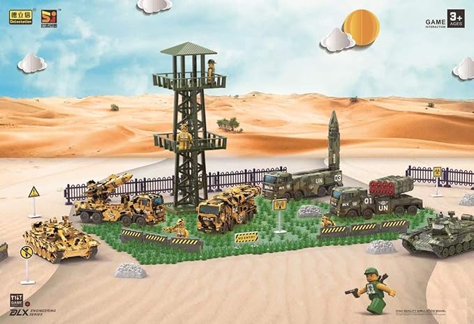 Military Vehicles and Army Battle Site Set with Storage Container, 6 Vehicles, Scout Tower, Missile Truck, Tank (Military-playsets)