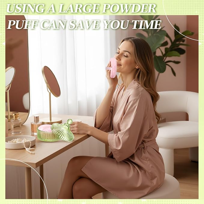 Extra Large Body Powder Puff and Container, 5.5'' Crystal Container with 5.3'' Oversize Dust Powder Puff Washable Reusable Face Body Glitter Wet Dry Makeup Gift(Green)