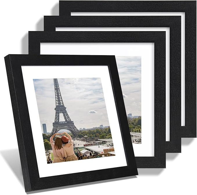 Hongkee 10x10 Picture Frame Set of 4, Made of Glass and Rustic Black Wooden Frame - Display Picture 8x8 with Mat or 10 x 10 Without Mat, 10 by 10 Photo for Wall or Tabletop