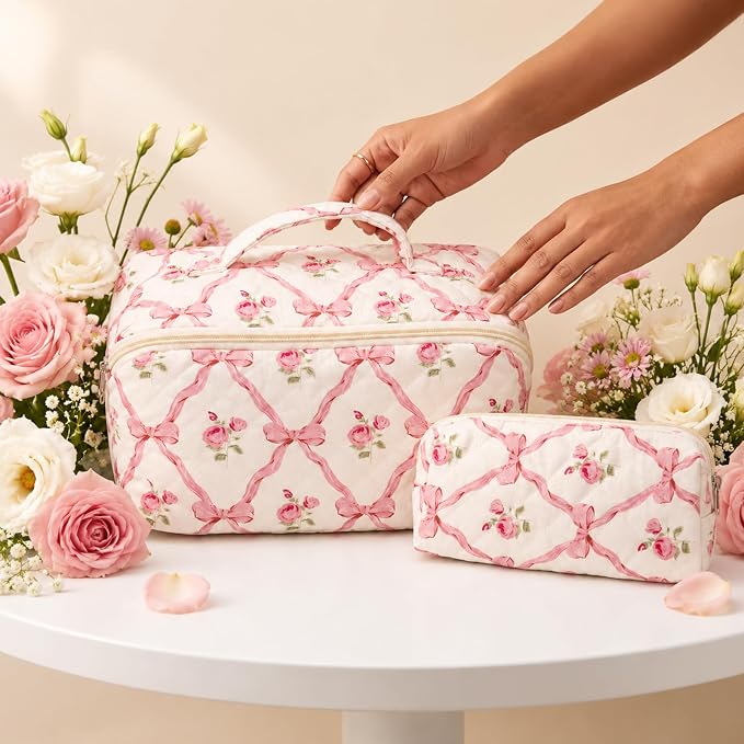 Travel Makeup Bag for Women,Large Capacity Quilted Cosmetic bag， 2PCS Make up Bag Set Open Flat Toiletry Bag for Skincare, Brushes & Travel Essentials (Pink)