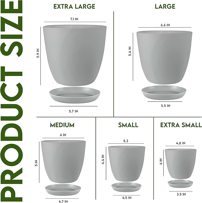 Plant Pots Indoor with Drainage, 5 Pack Multi-Size Planters Set, Grey | Drainage holes included Multiple sizes 7/6.6/6/5.3/4.8 In Indoor plants and flowers Durable plastic construction