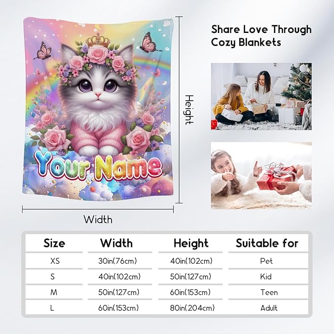 Kids Blankets - Personalized Blanket with Cat - 4 Sizes Cozy Soft Flannel Throw Gifts for Couch, Bedroom