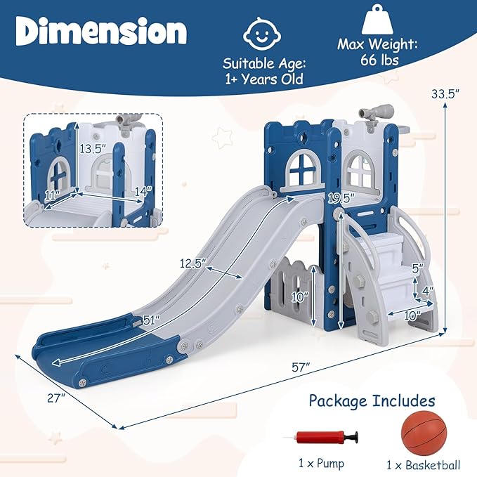 BABY JOY Toddler Slide, 6-in-1 Indoor Kids Slide Playset with Basketball Hoop, Telescope, Climbing Ladder & Storage Space, Freestanding Playhouse & Climber for Kids Aged 1-3 (Deep Blue)