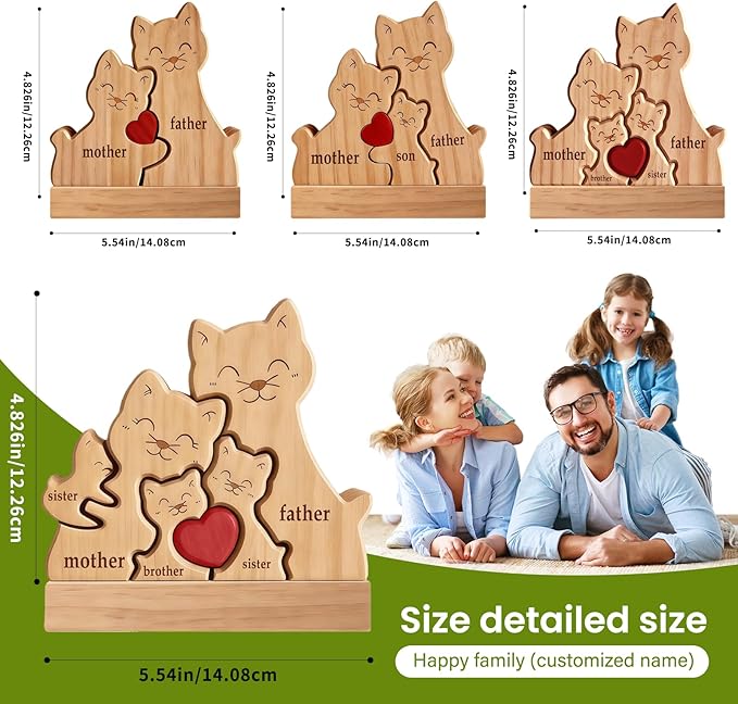 Personalized Wooden Cat Family Puzzle with 2-5 Names - Custom Kittens Art Figurine with Red Heart - Cute Animal Statue Gift for Cat Lover Mom Grandma Birthday Christmas Housewarming Decor