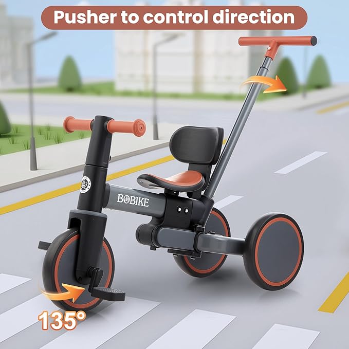 Bobike 5-in-1 Tricycle for Toddlers 18 Months to 5 Years Old, Toddler Bike, Kids Tricycle with Push Handle and Backrest, Toddler Balance Bike with Easy Assembly for Boys and Girls. (Grey)