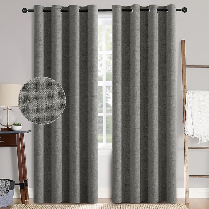 MIULEE Linen Texture Curtains for Bedroom Solid 100% Blackout Thermal Insulated Dark Grey Curtains Grommet Room Darkening Drapes Luxury Decor for Living Room 52x96 Inch (2 Panels)