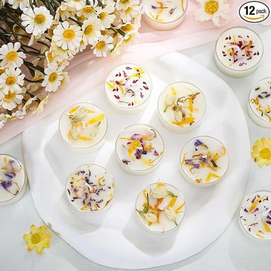 Honoson 12 Pcs Scented Tealights Dried Flower Candles Wedding Bridesmaid Gift 4 Floral Scents Jasmine Lavender Rose and Globe Purple 8-Hour Smokeless Tealight Candles for Wedding Bridal Shower Spa