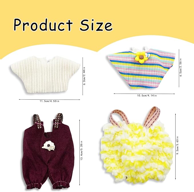 Doll Clothes for Labubu,Cute Outfit for 17cm Doll Clothe 2/3PCS Clothes and Hats Stylish Dolls Clothe for 17 cm Labubu,Casual Style Costumes for Labubu Dolls (Brown and Yellow Overalls)