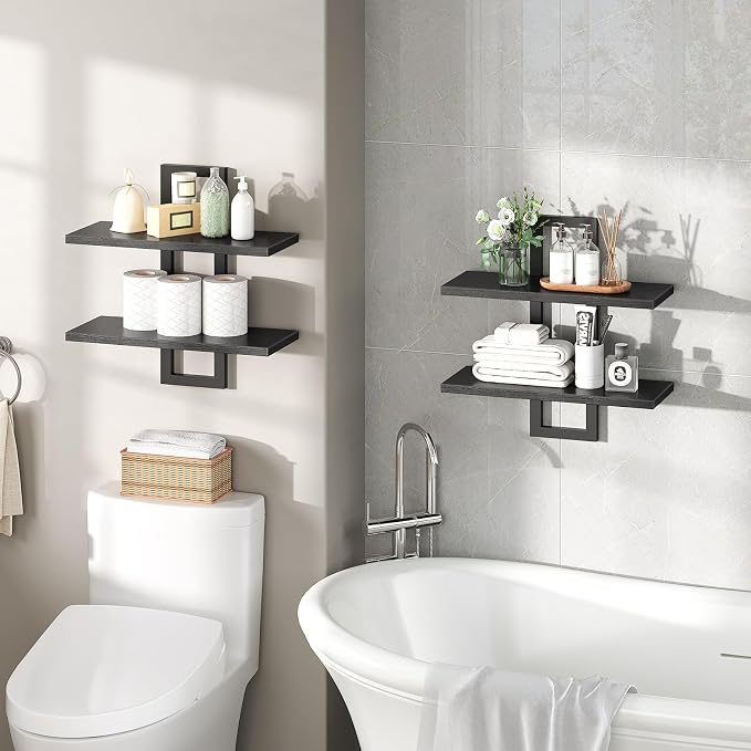 HOOBRO Floating Shelves, 15 Inch Wall Shelf Set of 2, Wall Mounted Storage Shelves 2-Tier, Hanging Bathroom Shelves, for Living Room, Bedroom, Bathroom, Kitchen, Black BK32BJ01