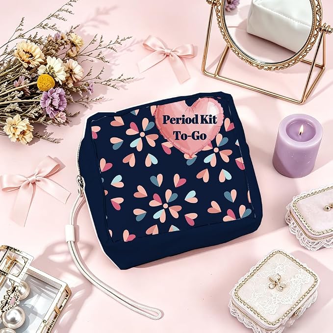 Period Bag Pouch 5.12 x 5.12 x 1.57 Inch Sanitary Napkin Storage Bag with Zipper Heart Portable Reusable Waterproof Polyester Menstrual Pad Pouch First Period Gifts for Women Daily Use