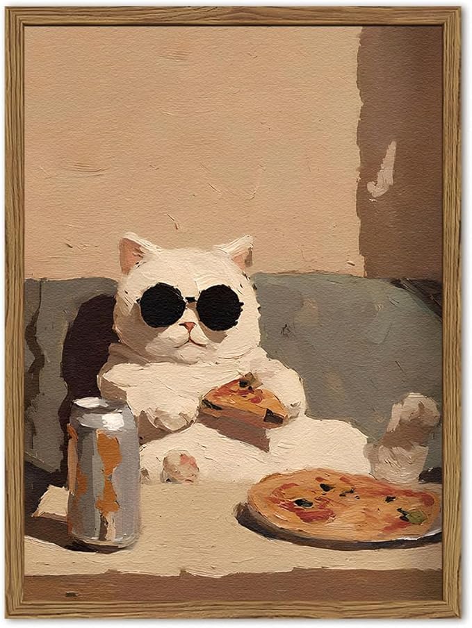 Funny Kitchen Cat Wall Art, Whimsical Animal Wall Decor Painting 3D Textured Sandstone Poster Picture Print Cute Cat Artwork for Bedroom Dining Room Nursery 16x24 inch Wood Framed
