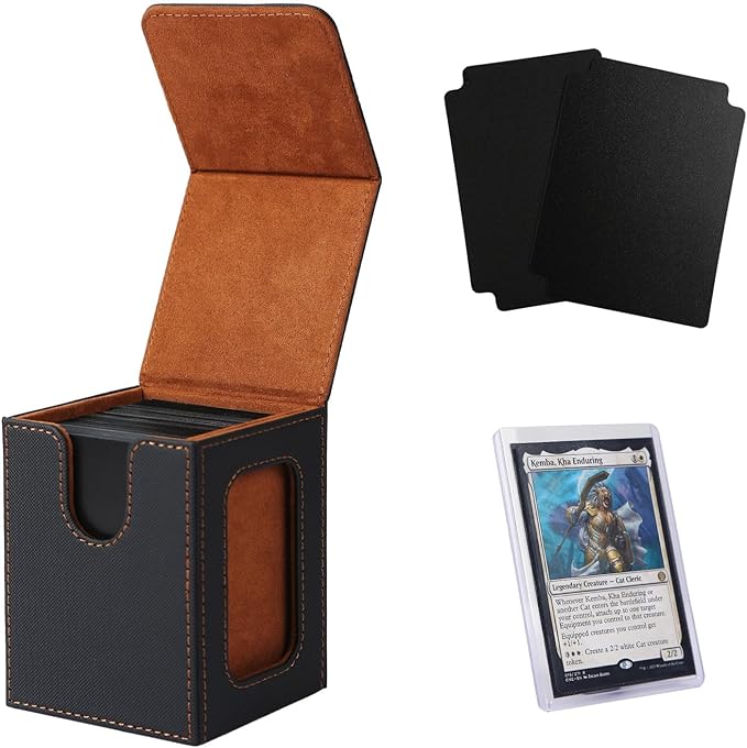 Venssu MTG Deck Box for Commander Display,Card Deck Box Fits 100 Double Sleeved Cards, TCG Card Storage with 2 Dividers and 1 Toploader (Black＆Brown)