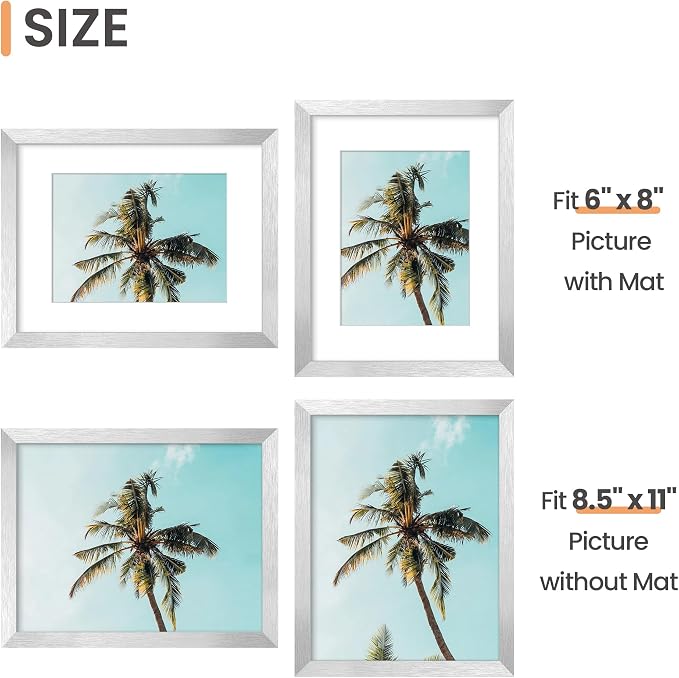 upsimples 8.5 By 11 Picture Frame, Display Pictures 6x8 with Mat or 8.5 x 11 Without, Wall Hanging Photo Frames, Silver, 1 Pack
