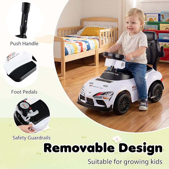 Costzon Push Car for Toddlers, 3 in 1 Toyota Licensed Stroller Sliding Walking Car w/Handle, Music, Safety Guardrail, Under-Seat Storage, Foot-to-Floor Kids Ride On Toys for Boys Girls (White)