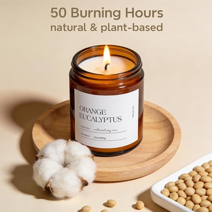 Eucalyptus Orange Scented Soy Candle for Home, Natural Aromatherapy Candles with Essential Oils, Nontoxic Clean Burn, Strong Balanced Scent, 50 Hour Longlasting, Amber Jar Candel for Relax(9oz)