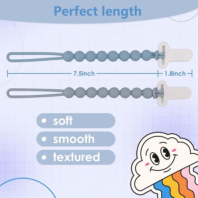 4-Pack Silicone Pacifier Clips with One-Piece Beads for Baby Boys and Girls - Flexible and Rust-Free Holders for Teething Relief and Baby Essentials, Safe for Newborns (Grey)