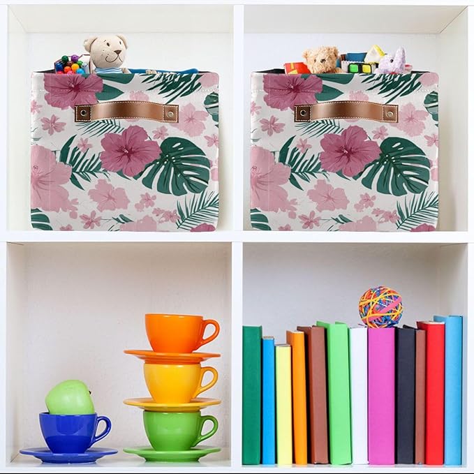 Aslsiy Storage Basket Hibiscus Flower Pink Nursery Bins Monstera Leaf Baby Box Canvas Clothes Shelf Basket Laundry Hamper 2 Pcs