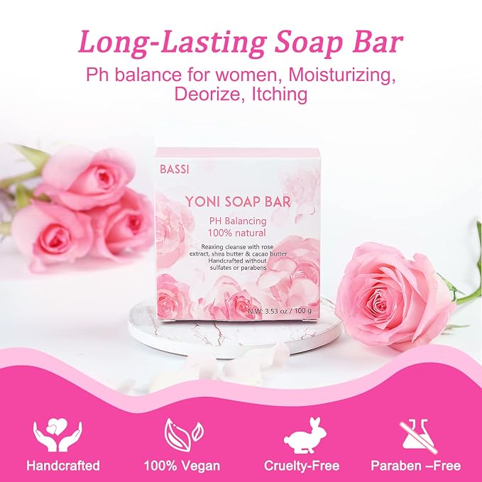 Yoni Soap Bars Feminine Wash 2 PCS, 100% Natural Organic Bar Soap for Women pH Balance, V Cleansing Soap for Daily Freshness & Odor Control, Handmade Rose Soap with Foaming Net 3.53 oz