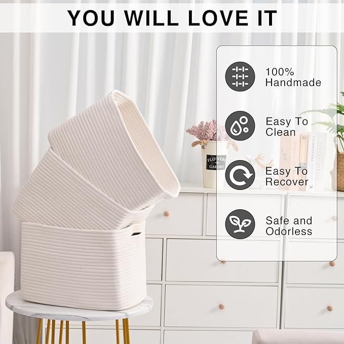 ICERZCZ Storage Baskets for Organizing Shelves 15x11x9.5 Off White 3 Packs | Woven Cotton Rope Bins for Baby Nursery Organization, Book Toy Towel Organizer, Living Room, Bedroom, Bathroom, Kid's Room