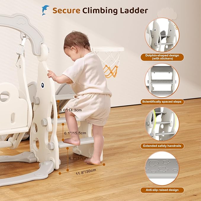Toddler Slide, 4 in 1 Toddler Playset - Upgrade with Kids Slide, Swing, Basketball Hoop and Storage Space for Age 1-3, Indoor and Outdoor Playground