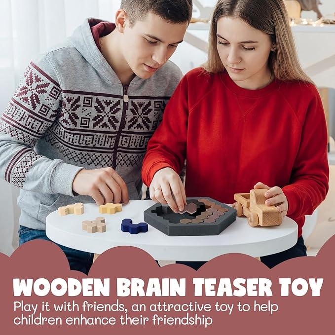 Yunsailing 3 Pack Hexagon Tangram Puzzle Wooden Brain Puzzles with Storage Bag Challenge Wood Russian Blocks Brain Teasers Geometric Jigsaw Block Logic Iq Stem for Family Party Gift (Modern)