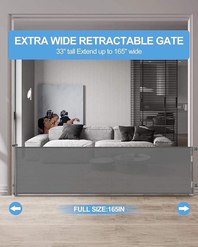 Veraste Retractable Baby Gate,Mesh Baby Extra Wide Gate,Extra Long Dog Gate,33" Tall,Large Extends up to 165" Wide,Child Safety Extra Large Gate for Doorways, Stairs, Indoor/Outdoor（Grey,33"x165"）