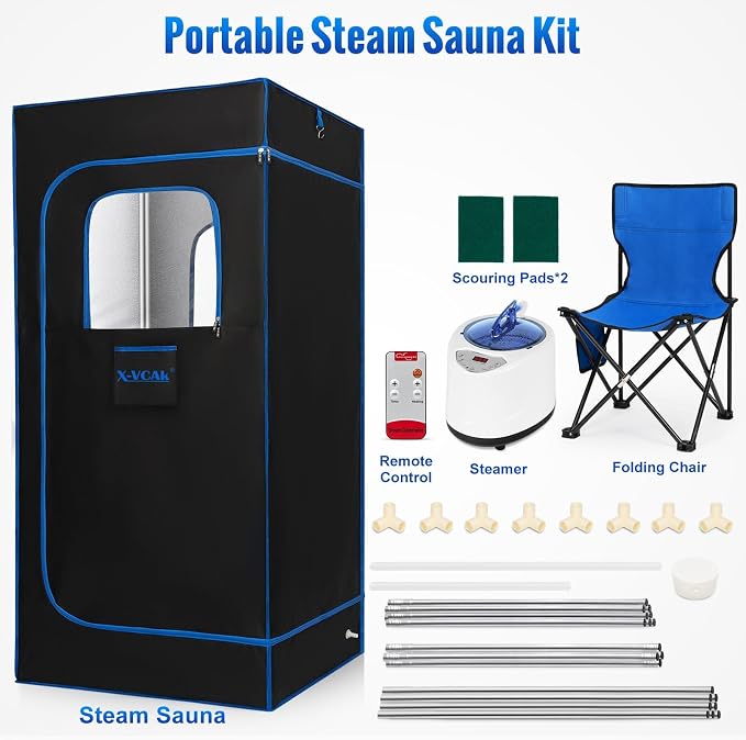 X-Vcak Upgraded Portable Sauna of Relaxation, Steam Sauna for Home with Steamer, Pairs Remote Control, Folding Chair, 9 Levels, 2.6’ x 2.6’ x 5.9’