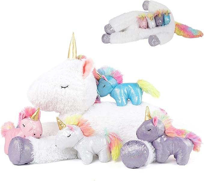 Tezituor 24 Inches Unicorn Plush Toy Set for Girls,4 Colorful Unicorns in Mommy Unicorn’s Belly,Unique Stuffed Unicorns Gifts for Children.