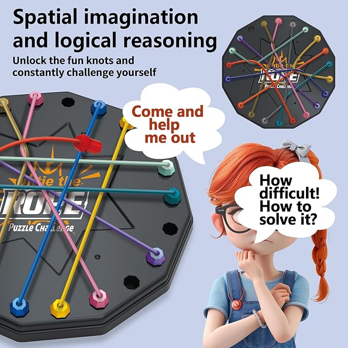 Rope Untangling Puzzle Game, Educational Strategy Board Game for Kids & Adults, 10 Elastic Pull Ropes, Family Travel Party Games with Multi-Level Challenges, Fine Motor Skills Gifts for All Ages