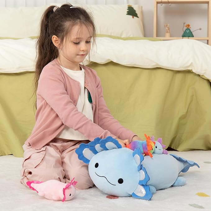 MaoGoLan Giant Axolotl Plush with 3 Baby Axolotl Inside - 23.5" Soft Stuffed Animal Throw Pillow - Blue