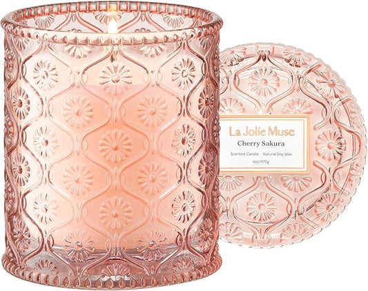 LA JOLIE MUSE Cherry Sakura Scented Candles for Home, Natural Soy, 40 Hrs | Luxury Pink Jar Candle, Clean Non Toxic, Gifts for Women, Decorative Japanese Floral Candles for Candle Wamer, Pretty Candle