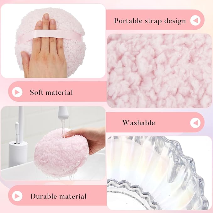 Tioncy 2 Pcs Extra Large Dusting Powder Puff and Container for Women-6'' Glass Crystal Dusting Powder Container with Body Soft Washable Reusable Velour Face(Dazzling,Scalloped)