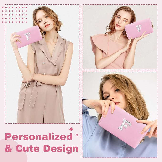 ChaoGreat Bride Gifts – Personalized Initial Makeup Bag with Pearl Rhinestone Patch, Preppy Pink Monogram Cosmetic/Toiletry Pouch, bridesmaid Gifts, Bridal Shower Gifts, Wedding Gifts, Bridal Gifts,F