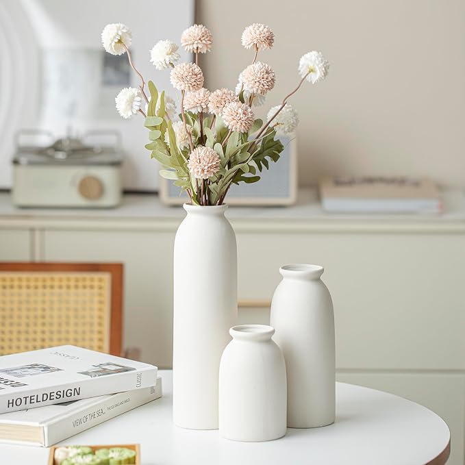 Ceramic Vase Set-3, Small Flower Vases for Decor, Modern Boho Farmhouse Style, 10.3 Inch Tall, Bisque White Color, Decorative Vases for Pampas Grass, Dried Flowers and Fresh Flowers (L Natural White)