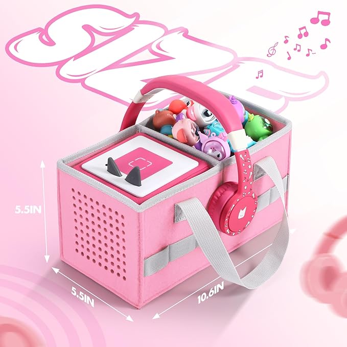 Carrying case for Toniebox Audio Player and Figurines Starter Set,Felt Organizer Bag,Travel for toniebox 2 Earphone and charger accessories portable bag (Pink)