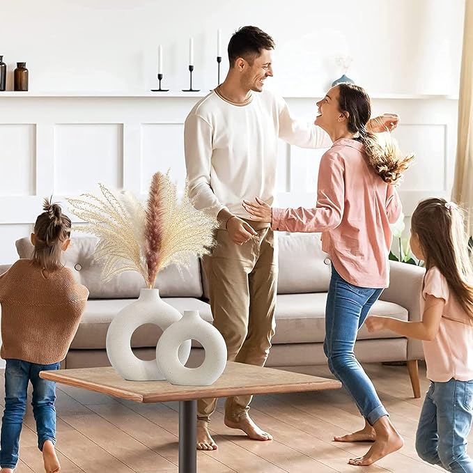 QLOFEI White Ceramic Vases Set of 2, Round Matte Modern Vase for Home Decor, Donut Ceramic Design Pampas Grass Vases for Living Room Coffee Table Decor, Boho Style for Gift