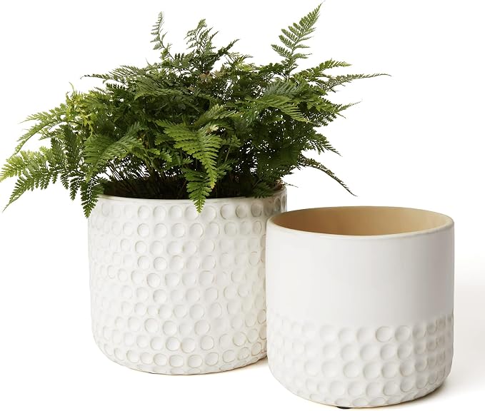La Jolie Muse Ceramic Planter Flower Plant Pots- 6.7+5.5 Inch Concave Dot Patterned Cylinder Flower Pot W/ Drain Hole for Indoor, Set of 2, Ivory | 6.7+5.5 Inch, Ivory Dot Pattern Ceramic Planter with Drainage Hole, Decorative Planter Pots for Indoor P...