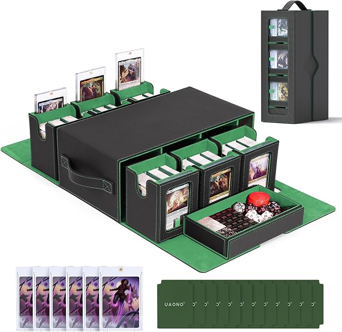 UAONO Commander Deck Box for MTG, 6-Deck Modular Card Case with Dice Tray Holds 600+ Double-sleeved Cards, Removable Trading Cards Storage Box with 35PT Magnetic Card Holders for TCG, Black Green
