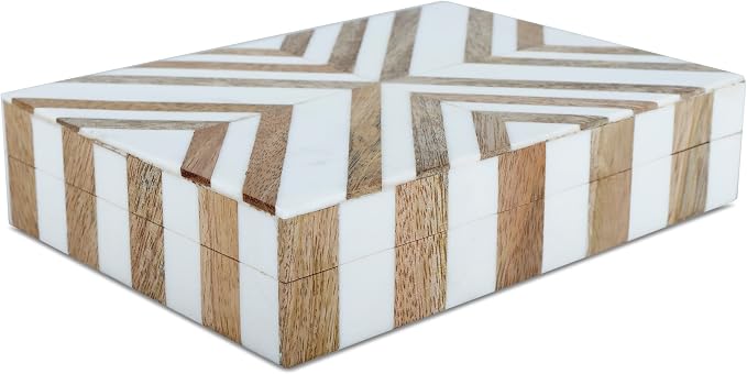 Handicrafts Home White Decorative Storage Box with Lid Wooden Desk Organizer Box Office Storage Box for Workspace Desk Decor Organizer – Resin Inlay Marquet Chevron Collection - 5x7x1.5