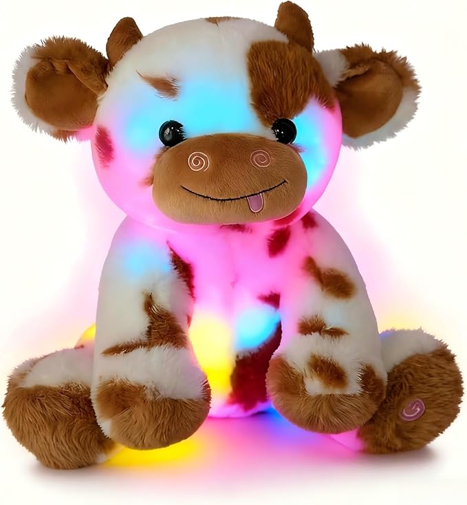 7.9" Light-Up Plush Cow Toy, Soft Brown & White Glowing Cow Stuffed Animal, Night Companion for Kids, Cute Bedroom Decor, Birthday for Boys Girls Friends