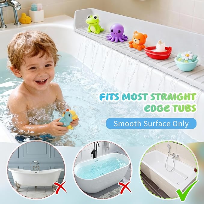 Dreamtop Bathtub Splash Guard for Tub Kids, 2.6FT Play Shelf for Bathing, Toy Tray Caddy Holder for Tub, Grey Silicone Tub Splash Guard Prevent Water Spills in Bathroom