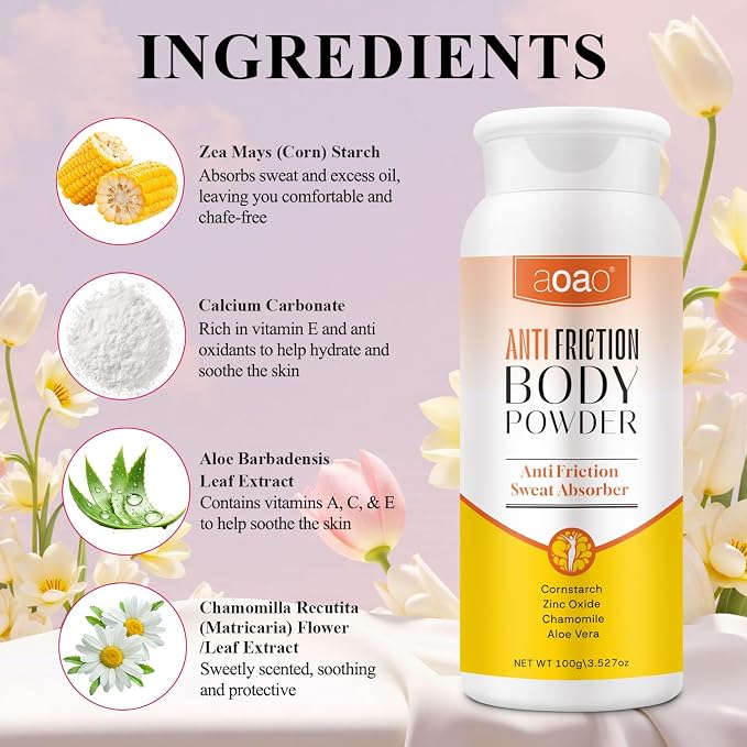 Women's Dry Body Powder, Sweat Absorb Talc-Free Dusting Powder for Curvy Figures, Hypoallergenic Anti-Friction Formula, Chafe-Free Between Legs During Exercise Or Walking, Multi-Use for Foot, 3.53oz