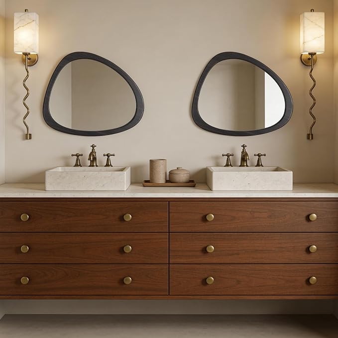 Asymmetrical Mirror, Irregular Wall Mirror, Wall Mirrors Decorative for Bedroom Living Room Entryway Hall, Wood Mirror for mid Century Modern Decor 23" H x 19" W, Dark Brown