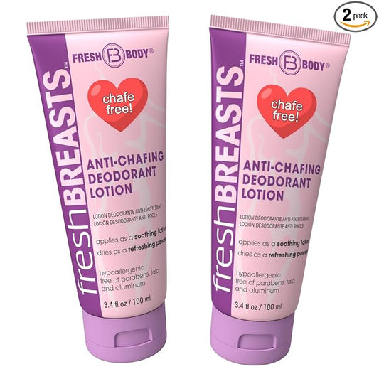 Fresh BREASTS Anti Chafing Deodorant Lotion to Powder, 3.4oz (2 Pack) - Anti Chafe Cream Whole Body Deodorant for Women, Inner Thighs & Areas that Sweat, No Talc, Aluminum or Added Fragrance
