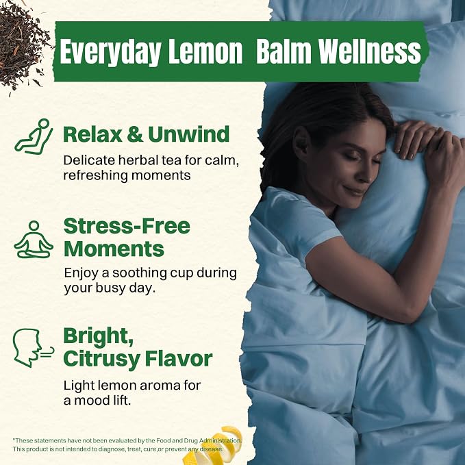 Hiihone Lemon Balm Tea Bags 100 Count – Pure & Natural Lemon Balm Tea, Caffeine-Free Herbal Tea, Calming & Soothing, Non-GMO, Fresh Citrusy Flavor