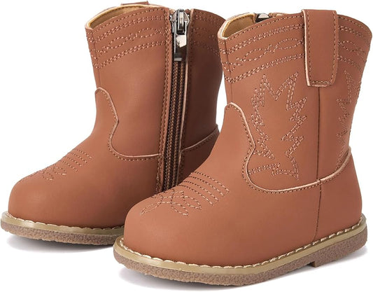 Newsonet Baby Cowboy Cowgirl Boots Infant Western Boots Toddler Boys Girls Round Toe Riding Mid Calf Boots All Seasons for 6 9 12 18 24 Months