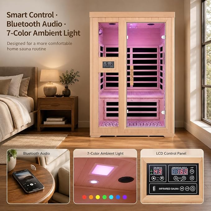 2-Person Infrared Sauna, Indoor Home Sauna Room Hemlock Wood Sauna Low EMF Far Infrared Heating with Tempered Glass Door Bluetooth Speakers, Chromotherapy Lights for Family（110V, 1850W）Truck delivery
